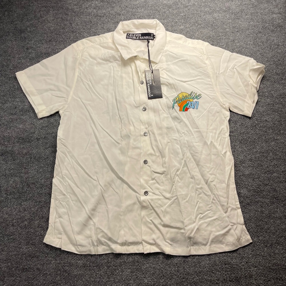 7-Eleven x Double Rainbouu Mens White Paradise 24/7 Slurpee Hawaiian Shirt M NEW